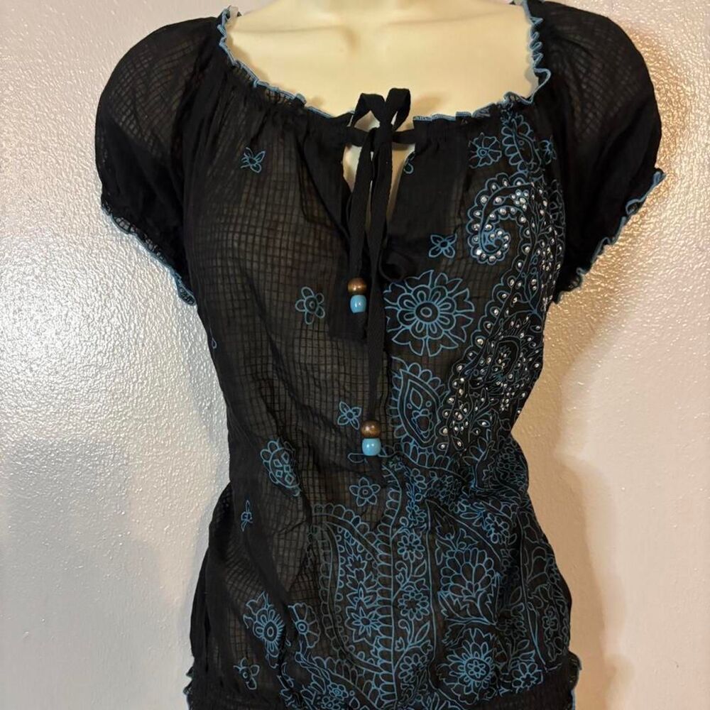 FANG Vintage Y2K Black Blue Paisley Sheer Mesh Peasant Blouse Medium
